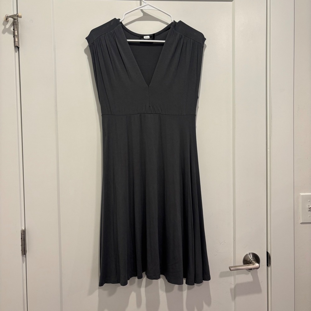 Eileen Fisher Charcoal Gray V-Neck Empire Waist Jersey Knit Dress Womens Medium